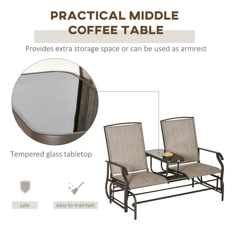Outdoor Glider Bench with Center Table, Breathable Mesh Fabric