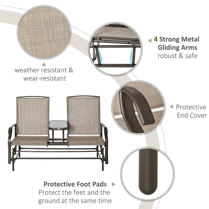 Outdoor Glider Bench with Center Table, Breathable Mesh Fabric