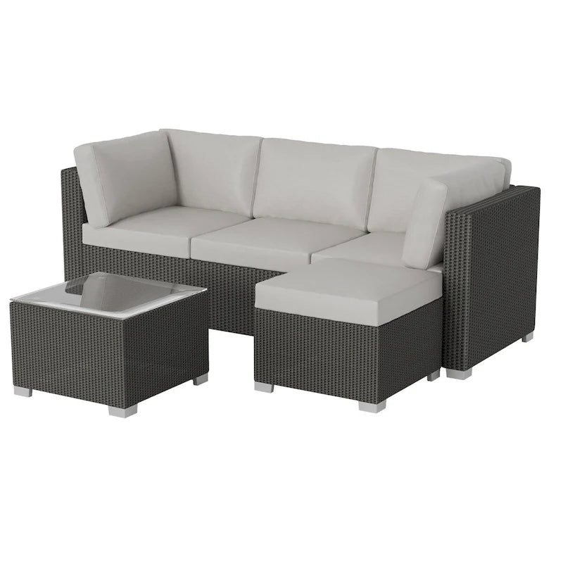 5-Piece Rattan Wicker Patio Set Brown with Beige Cushions 3 Sofas 1 Table 1 Ottoman