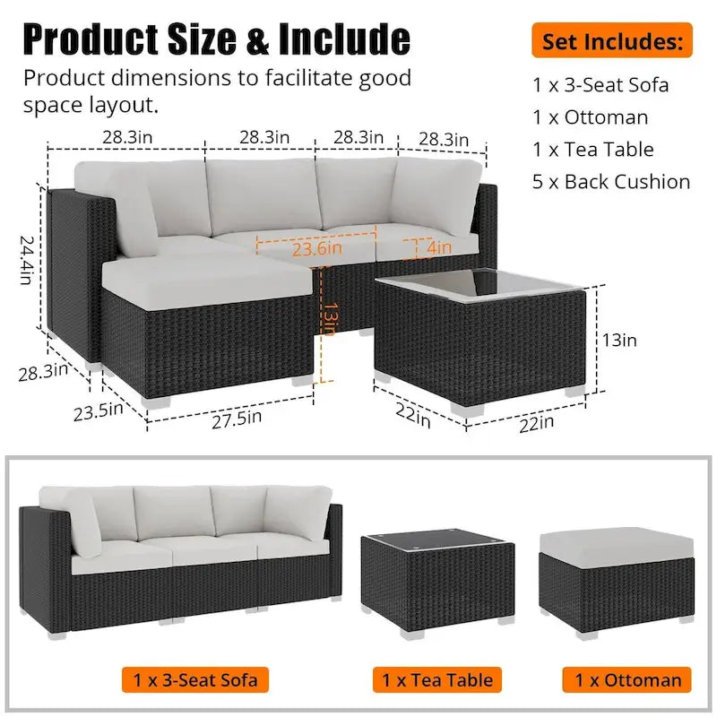 5-Piece Rattan Wicker Patio Set Brown with Beige Cushions 3 Sofas 1 Table 1 Ottoman