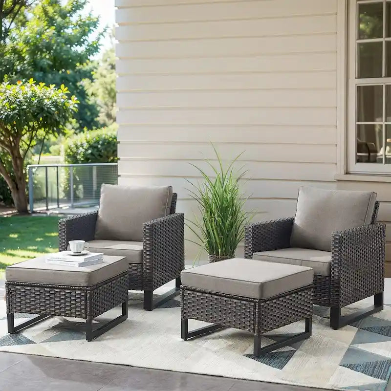 4-Piece PE Rattan Lounge Chair Set Brown 2 Chairs 2 Ottomans with Cushions for 2 People
