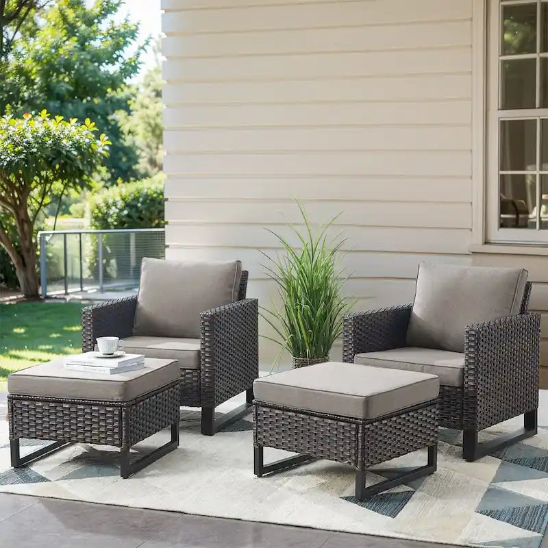 Rattan Patio Chairs with 2 Ottoman - Brown