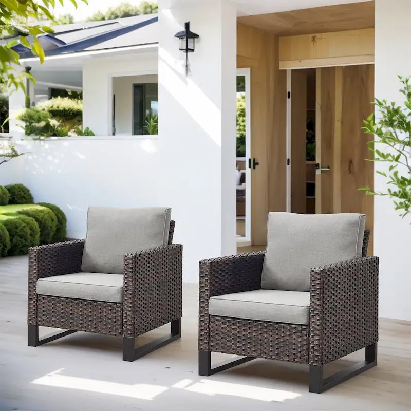 4-Piece PE Rattan Lounge Chair Set Brown 2 Chairs 2 Ottomans with Cushions for 2 People