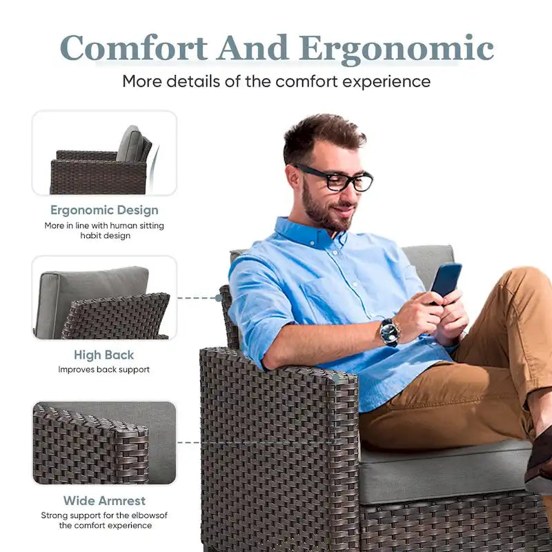 4-Piece PE Rattan Lounge Chair Set Brown 2 Chairs 2 Ottomans with Cushions for 2 People