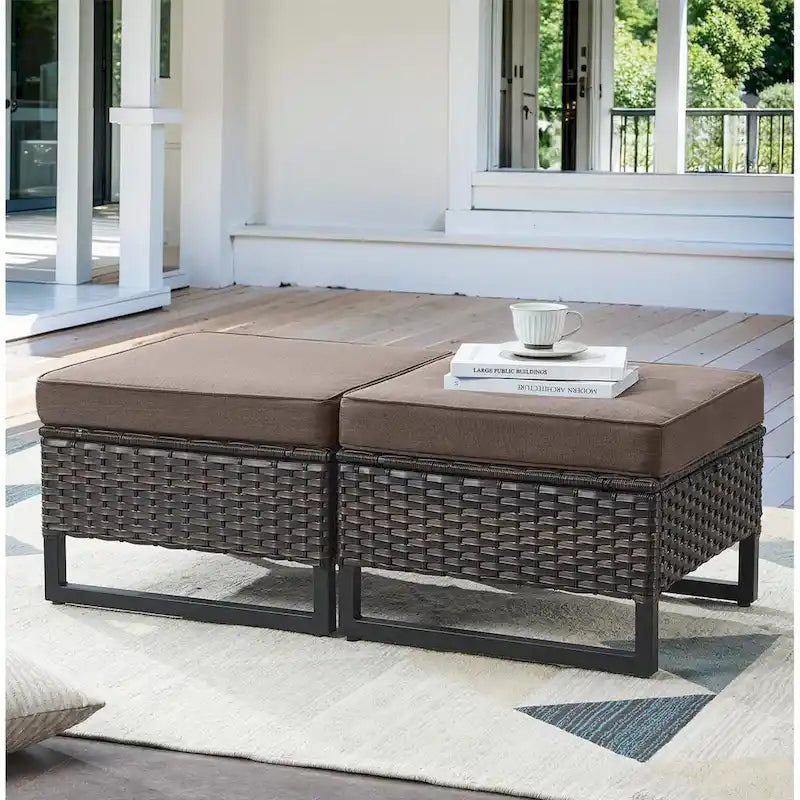 4-Piece PE Rattan Lounge Chair Set Brown 2 Chairs 2 Ottomans with Cushions for 2 People