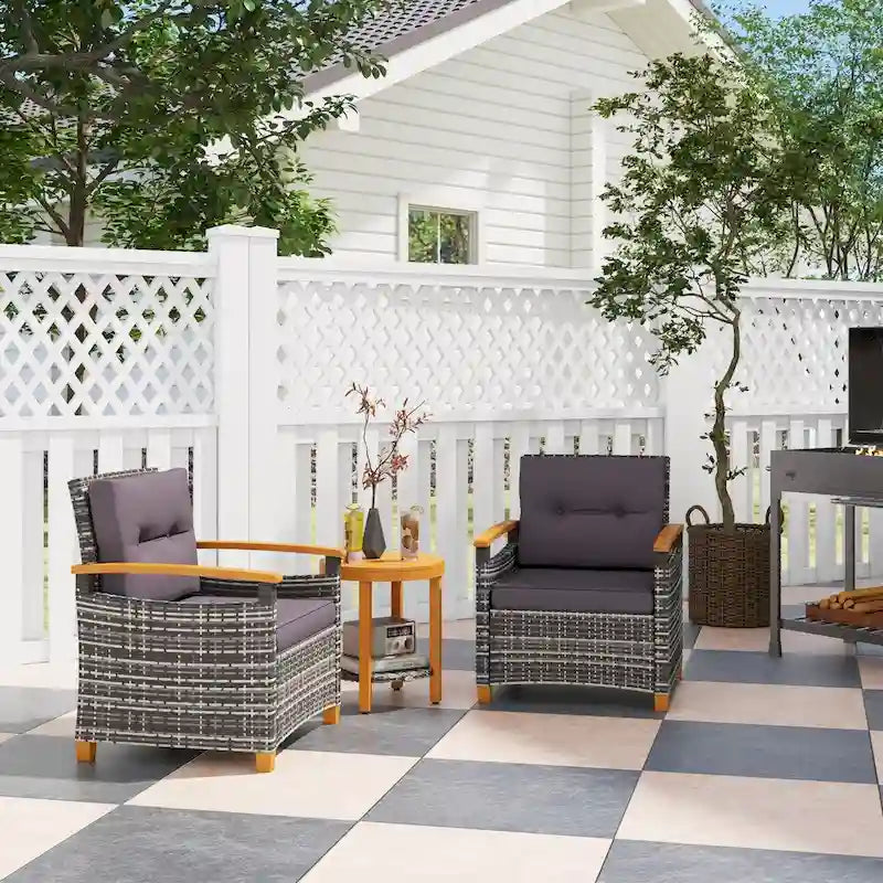 3-Piece Patio Bistro Set Gray 2 Wicker Chairs 1 Round Table with Cushions