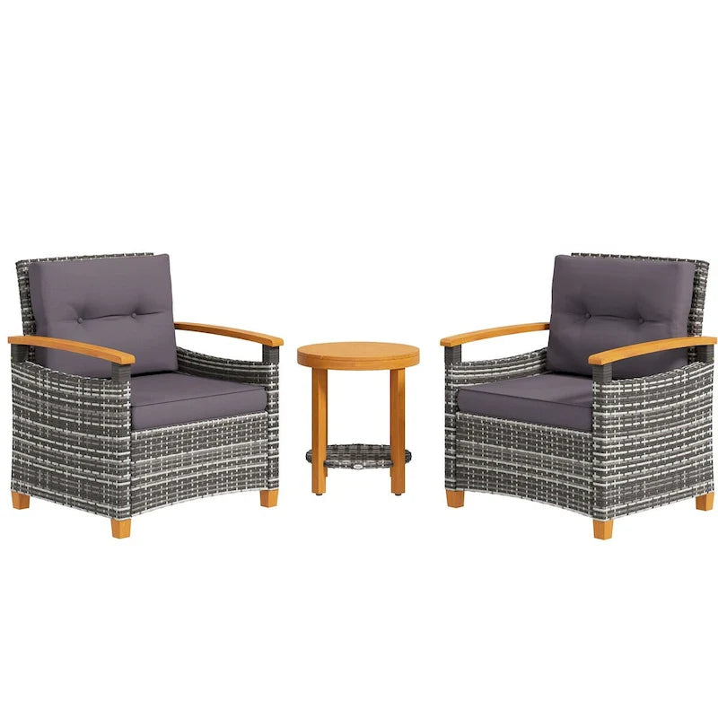 3-Piece Patio Bistro Set Gray 2 Wicker Chairs 1 Round Table with Cushions