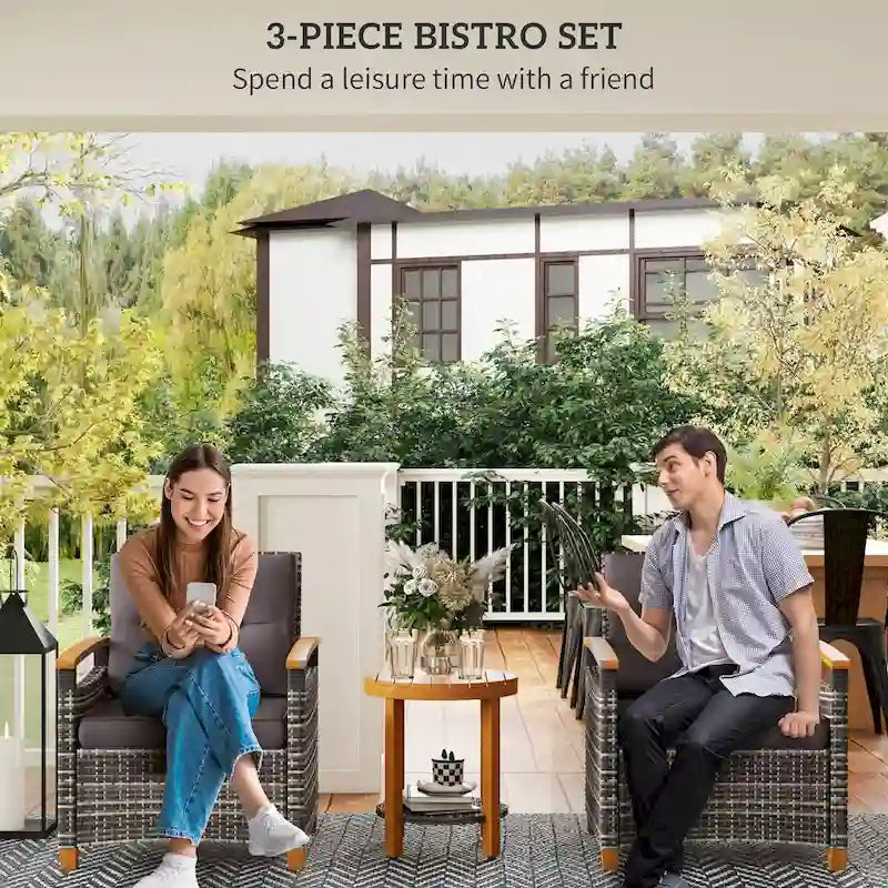 3-Piece Patio Bistro Set Gray 2 Wicker Chairs 1 Round Table with Cushions