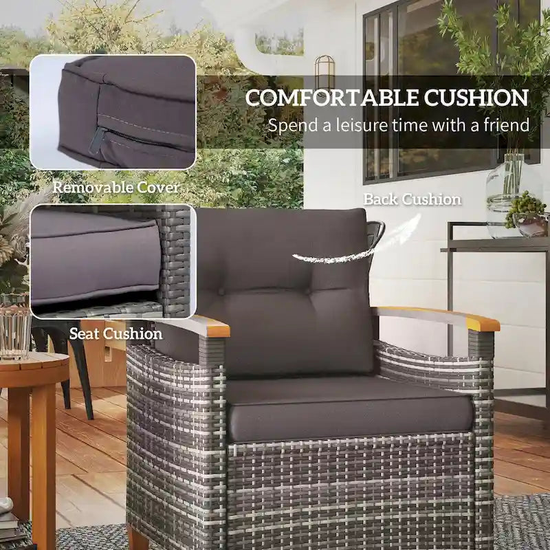 3-Piece Patio Bistro Set Gray 2 Wicker Chairs 1 Round Table with Cushions