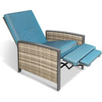 Grey PE Wicker Outdoor Lounge Chair Recliner with Push Back and Blue Cushion