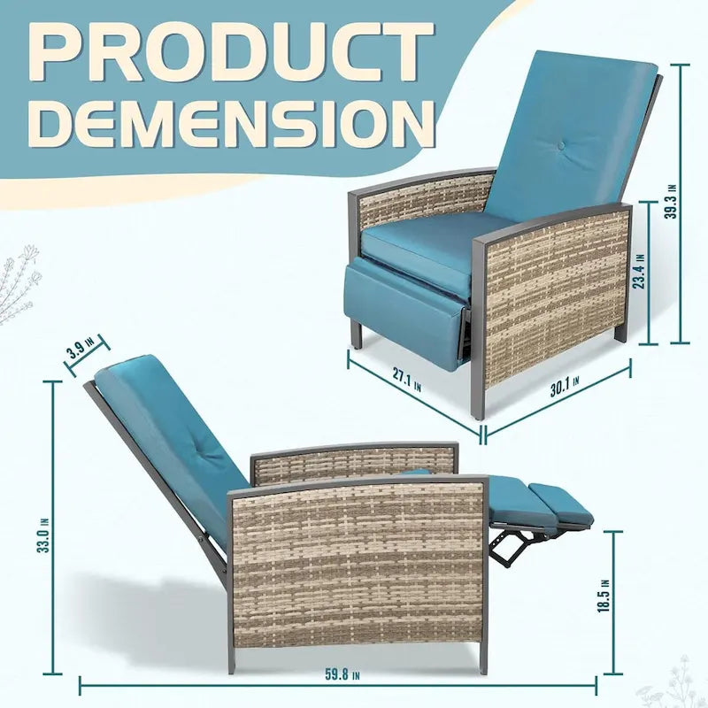Adjustable Wicker Recliner Chair Gray with Blue Cushions 3 Positions