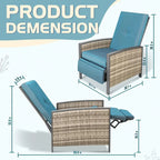 Adjustable Wicker Recliner Chair Gray with Blue Cushions 3 Positions