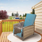 Adjustable Wicker Recliner Chair Gray with Blue Cushions 3 Positions