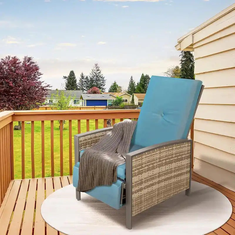 Adjustable Wicker Recliner Chair Gray with Blue Cushions 3 Positions