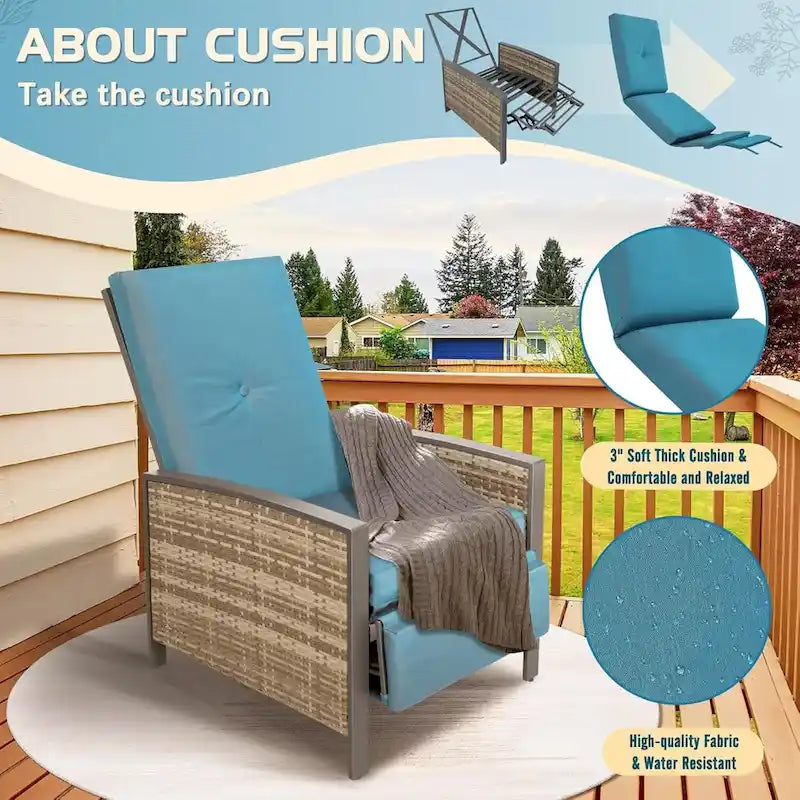 Adjustable Wicker Recliner Chair Gray with Blue Cushions 3 Positions