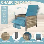 Adjustable Wicker Recliner Chair Gray with Blue Cushions 3 Positions