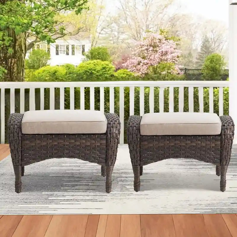 Outdoor Footstool PE Wicker Ottomans - Brown