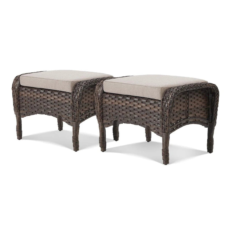 Outdoor Footstool PE Wicker Ottomans - Brown