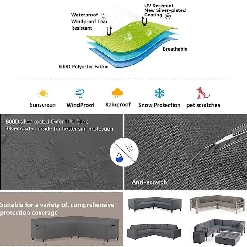V-Shaped Outdoor Sofa Waterproof Cover 600D Oxford Cloth with Air Vent 100x33.5x31in Gray