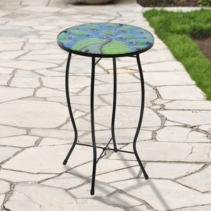 19  Blue and Green Peacock Glass Patio Side Table