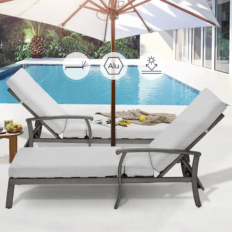 2-Piece Aluminum Chaise Lounge Chair Set Gray Black with Cushions Adjustable
