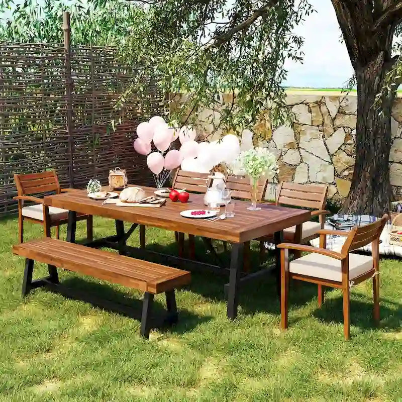 7-Piece Acacia Wood Dining Set for 7-8 People 4 Chairs 1 Bench 1 Table