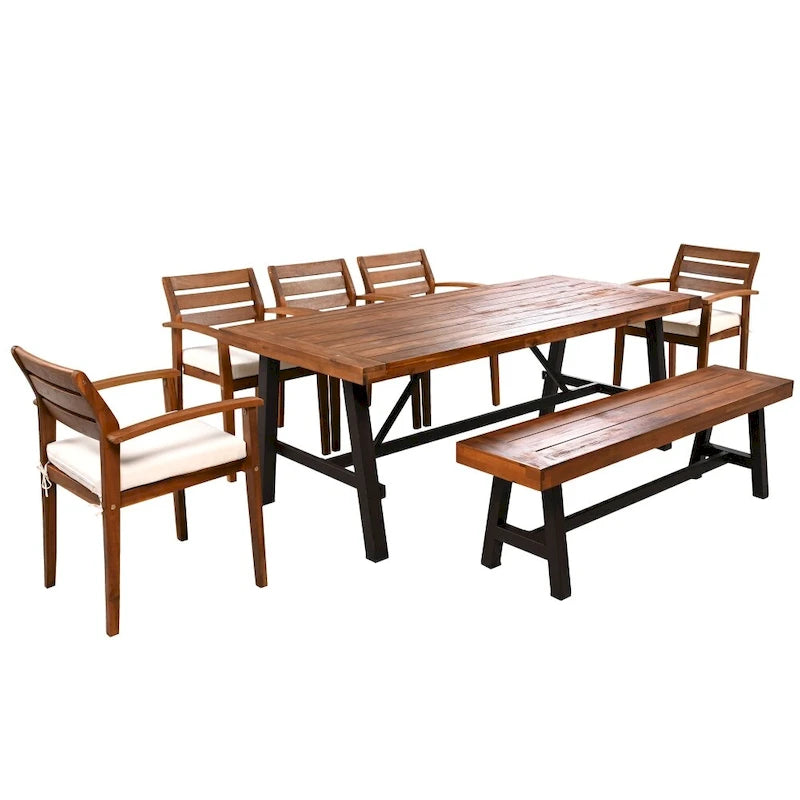 7-Piece Acacia Wood Dining Set for 7-8 People 4 Chairs 1 Bench 1 Table