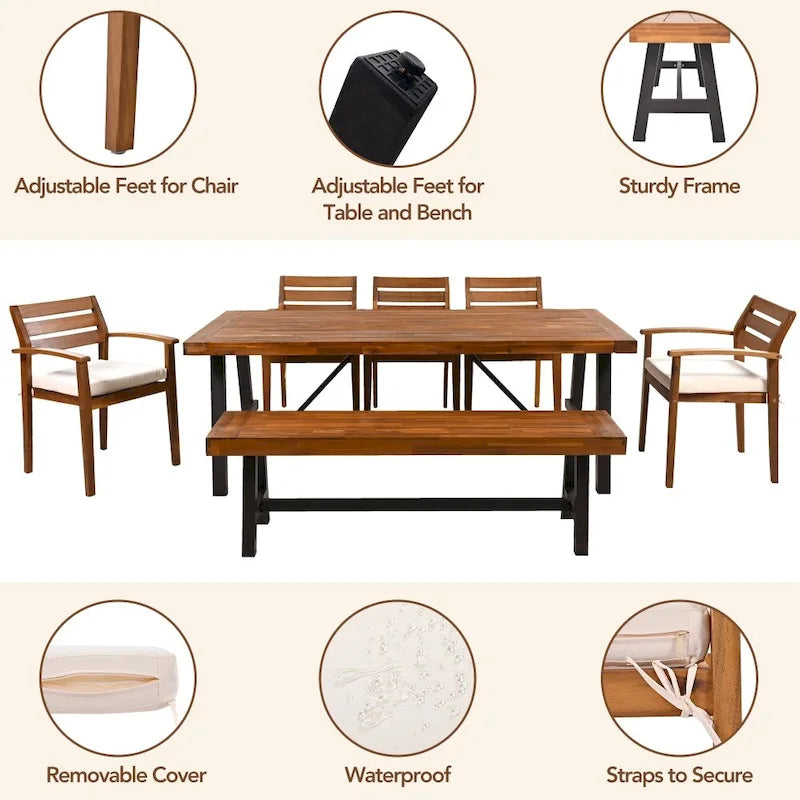 7-Piece Acacia Wood Dining Set for 7-8 People 4 Chairs 1 Bench 1 Table