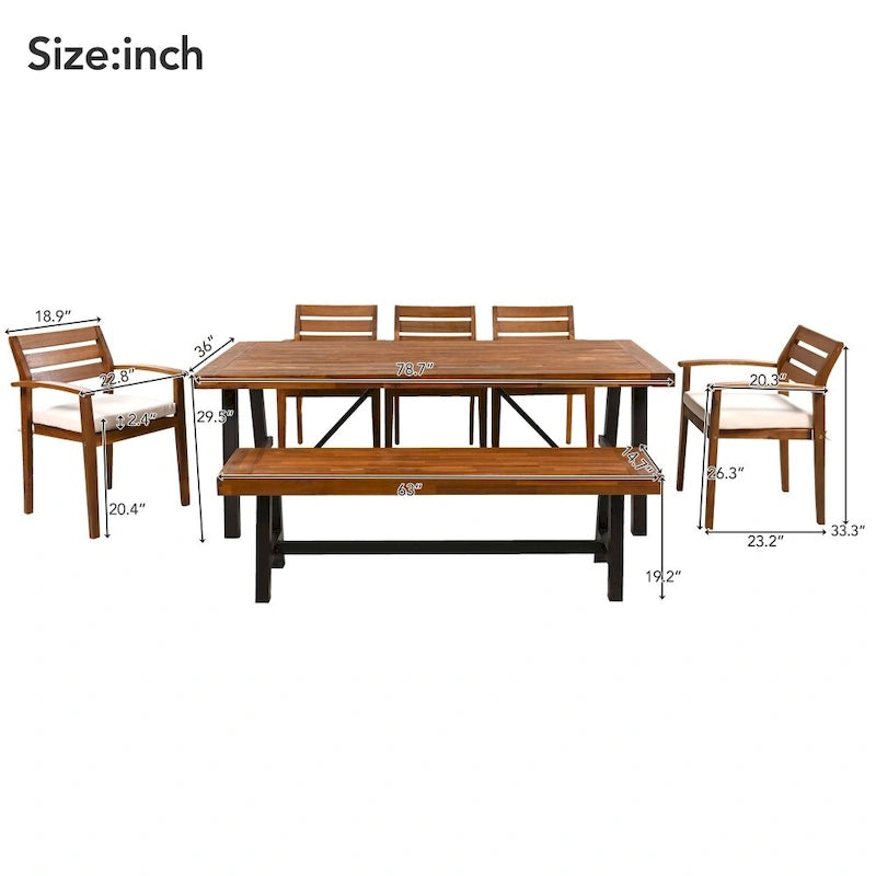 7-Piece Acacia Wood Dining Set for 7-8 People 4 Chairs 1 Bench 1 Table