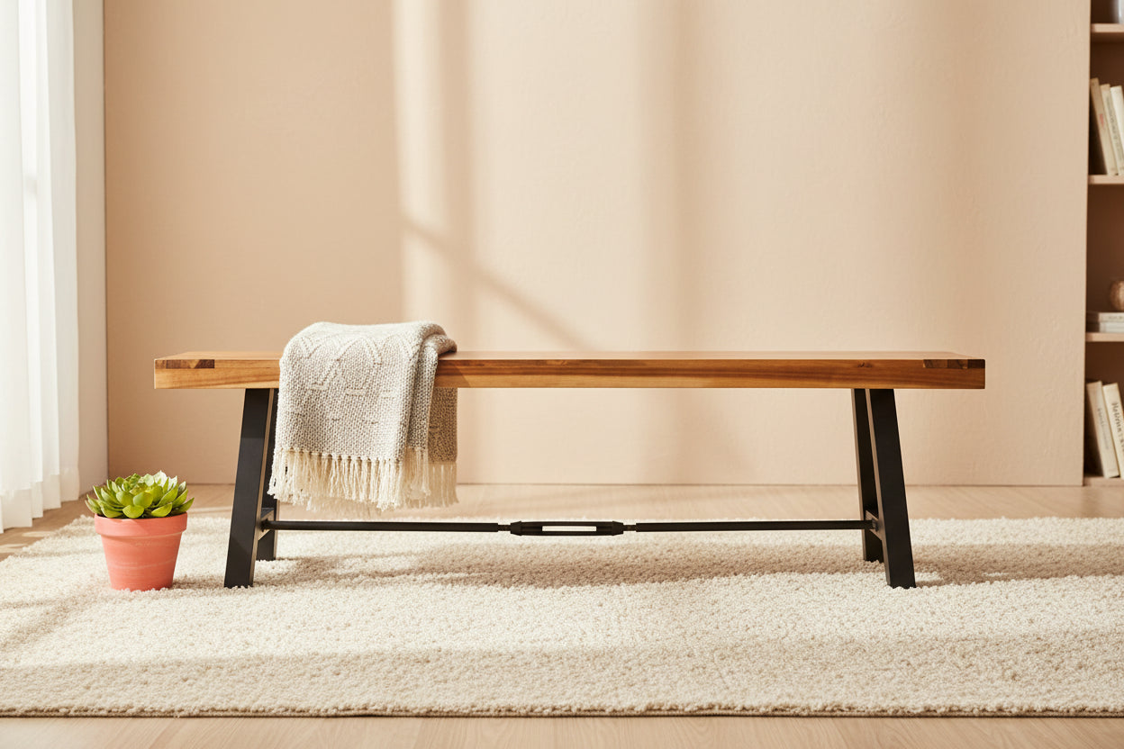 Acacia Wood Bench Brown with Metal Frame Slatted Design Outdoor